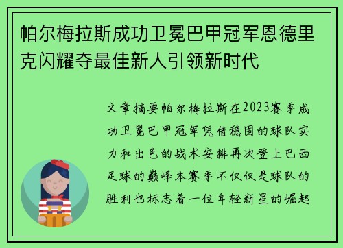 帕尔梅拉斯成功卫冕巴甲冠军恩德里克闪耀夺最佳新人引领新时代